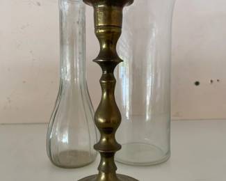 1 brass candle stick holder 2 glass vases