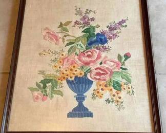 Embroidered Floral and Vase Framed Art