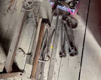 OLD TOBACCO CUTTERS, BLACKSMITH TOOLS, CLEVIS, ETC