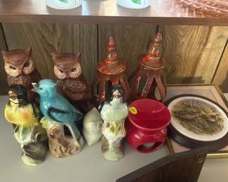 LOT OF BIRD FIGURES , CANDLE HOLDERS , AND SMALL FRAMED PRINTS