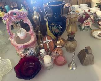 LOT OF SMALL BELLS , CANDLE HOLDER , VASE, ETC
