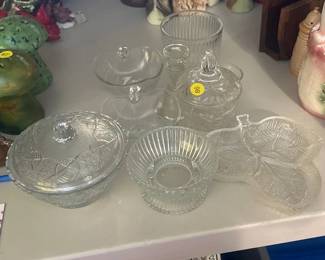 GLASS CANDY DISHES , CANDLE HOLDER , AND SMALL GLASS BOWLS