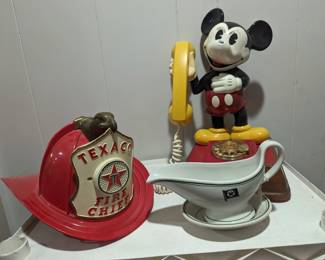 Mickey Mouse phone, Texaco Fire Chief hat, Texaco gravy boat