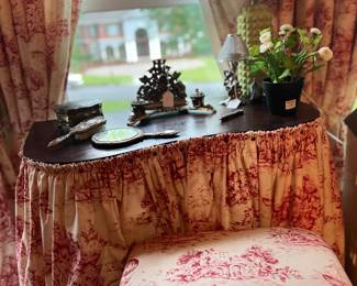 Red toile vanity and matching stool