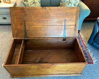 Light Wooden dove tail Chest                                                     21" deep, 46" wide, 15" tall 
