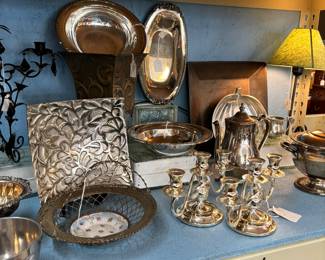 Silver Decor, Silver trays and pair of candelabras, baket with china base, bowls plus bronze colored pieces