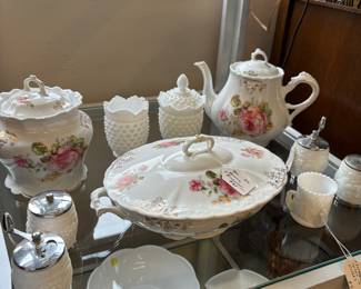 More beautiful Traditional Style Covered China Dish, Biscit Jar and Tea Pot.  Milk glass salt and pepper mill sets and tooth pick holder plus cream and sure set