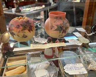 Burmese hand painted rose bowls and vases, Celloid s/p shakers