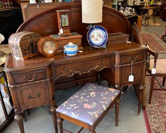 We have this beautiful Vanity, Mirror, Bench, 4 Drawer chest in next photo and headboard set. 1940's.  Notice our collection of jewelry boxes