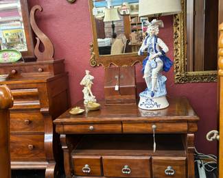 Love this Capo Di monte Lamp.  Look at the letter box and the French Provincial figure and Gold Pear Nibblet Plates.  The Vintage Georgian Style Burl Wood and Gilt Mirror Made in Italy 48"X 28" has been reduced to find a new home.  It's beautiful.