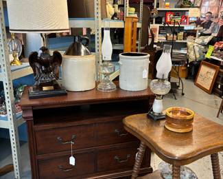 Nice media cabinet.  Early American Eagle Lamp, Jugs, Crock w handles, Oil Lamps