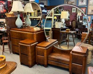 In credible Mid Century Modern Waterfall Bedroom set with 48" Mirror and 30" Mirror. Vanity, End Table and Chest of Drawers.  It is a dream!