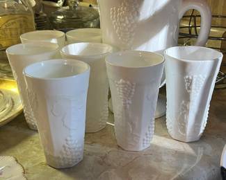 Milk glass pitcher and glasses
