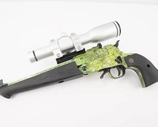 Make: Rexio
Model: 22 M-8
Caliber: 22 MAG
Action: SA
Barrel: 9.5
Bore: Bright
Serial # 101880
Condition: Very Good
This is a Rexio Model RC 22M-8 single shot break action pistol chambered in .22 MAG featuring a 9.5 inch barrel and green camo warp. This pistol is also paired with a Hammers 2x20 Pistol scope. This pistol is in very Good condition showing normal signs of use and wear. 