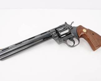 Make: Colt
Model: Python
Caliber: .357 MAG
Action: DA
Barrel: 8
Bore: Bright
Serial # 41298
Condition: Excellent
It was first introduced in 1955. The classic Colt python, a 357 magnum revolver. Sporting a 8 inch barrel. This Colt is in excellent condition showing normal signs of use and wear.