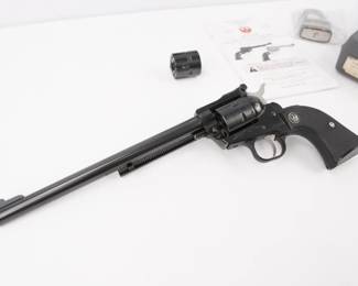 Make: Ruger
Model: New Model Single Six
Caliber: 22 LR/WMRF
Action: SA
Barrel: 9.5
Bore: Shiny
Serial # 2765-83780
Condition: Excellent
Strong, durable, dependable and versatile, Ruger New Model Single-Six revolvers are the perfect small bore single-action revolver for plinking, small game hunting or serious competition. The New Model Single-Six Convertible provides an extra cylinder, which allows shooters to quickly change from shooting 22LR to 22 WMR. The revolver is in excellent condition showing normal signs of use and wear.