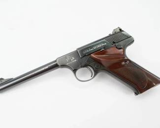 Make: Colt
Model: Woodsman
Caliber: 22 LR
Action: Semi
Barrel: 6
Bore: Shiny
Serial # 35988-S
Condition: Excellent
The Colt Woodsman is a semi-automatic sporting pistol manufactured by the U.S. Colt's Manufacturing Company from 1915 to 1977. It was designed by John Moses Browning. The frame design changed over time, in three distinct series: series one being 1915–1941, series two 1947–1955, and series three being 1955–1977. Browning developed the Woodsman with a short slide, no grip safety and no hammer. These features were in place on his Model 1903 and 1911 designs, but a handgun intended for target use did not require them. This pistol remains in excellent condition. 