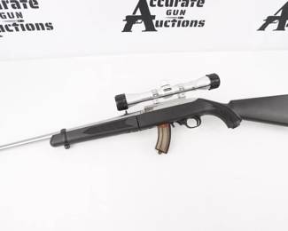 Make: Ruger
Model: 10/22
Caliber: .22 LR
Action: Semi
Barrel: 17.5
Bore: Shiny
Serial # 824-19622
Condition: Very good
One of the more iconic rifles ruger ever made, the Ruger 10/22 has withstood the test of time. This semi-automatic rifle is chambered in 22 LR and is outfitted by a 17.5 inch barrel Paired with a Barska scope and has a stainless steel receiver. The rifle is in excellent condition and sold with one magazine.