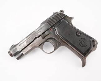 Make: P.Beretta
Model: 1934
Caliber: 9 Corto
Action: semi
Barrel: 3.3
Bore: Frosty
Serial # 782460
Condition: Good
The Beretta Model 1934 is an Italian compact, semi-automatic pistol which was issued as the service pistol of the Royal Italian Army beginning in 1934. As the standard sidearm of the Italian army it was issued to officers, NCOs and machine gun crews. This pistol is in Good condition showing signs of use and wear.