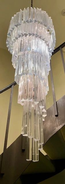 Vintage Venini Murano Glass - Spiral Waterfall Chandelier With Triedri Glass Prisms - 54"L