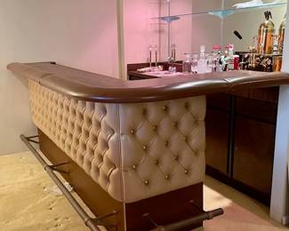 Vintage 1970s - Mid-Century Tufted Vinyl And Wood Bar With 2 Shelves