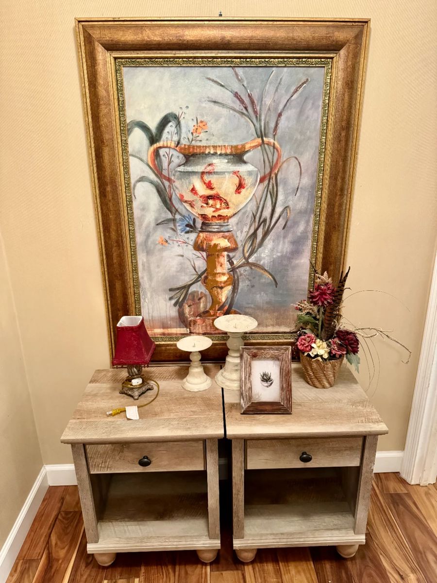 Artwork signed Elliott, Lamps, Pair of side tables, candle holders, frames and more