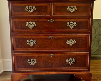 Englishman's Furniture Burl Elm 5 drawer chest with white inlay and bracket feet 36w x 37h x 19d