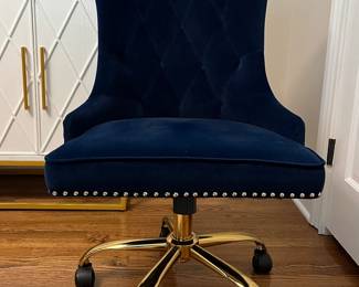 Navy swivel office chair with brass nail heads                      22.5w x 35h x 25d 