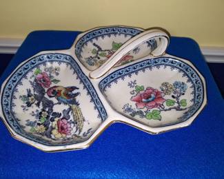 Flow Blue Polychrome Transferware Divided Dish