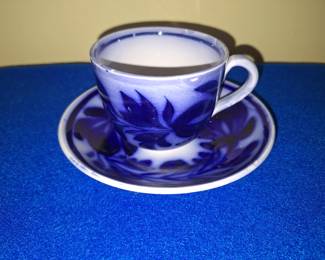 Hand Painted Flow Blue Cup & Saucer