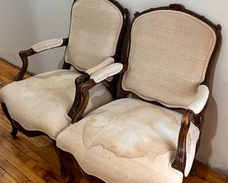 Pair of antique Louis XV Walnut armchairs.  Water stain on seat should be cleanable.  $500 for pair.