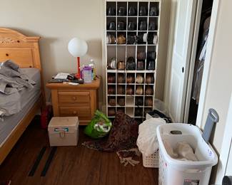 Nightstand; Shoe rack and men's shoes; in really good condition or better