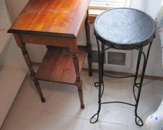 Wood End Table & Ice Cream Parlor Stool with Twisted Metal Legs