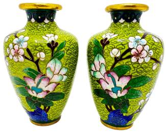 2 Antique Asian Cloisonne Enameled Brass Bud Vases, Cherry Blossoms On Green Background
Lot #: 1