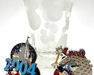 Disney Mickey Mouse Etched Shot Glass & 2 Disneyland Pins
Lot #: 116