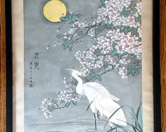Large Chinese Silk Painting Brocade Matted: Cranes, Cherry Blossoms & Full Moon, Signed
Lot #: 10