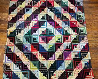 1940's Quilt Top Made From Women's Dresses, Log Cabin "Barn Raising" Design, Muslin Backed, Needs TLC
Lot #: 42