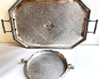 Antique Wm. Hutton & Sons Large Ornate Silver-plated Copper Tray, Sheffield England & Small Round Tray 1950s
Lot #: 108