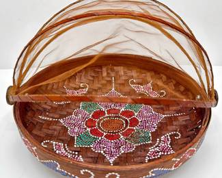 Vintage Indonesian Woven Bamboo Hand-painted Fruit Basket With Mesh Retractable Cover
Lot #: 67