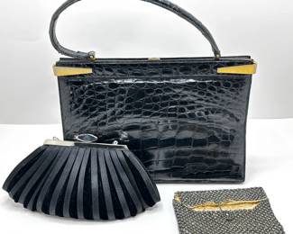 3 Vintage Handbags: Gimbel Bros, Black Satin Evening Bag With Rhinestone Clasp & Small Rhinestone Pouch
Lot #: 51