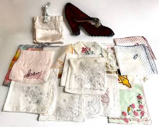 17 Cotton & Linen Hankies, Some With Embroidery & Lace & A Decorative Red Shoe
Lot #: 117