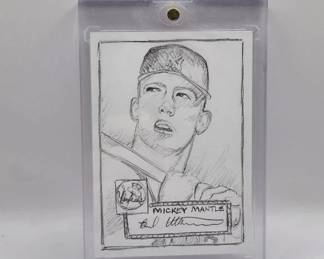 ONE OF ONE MICKEY MANTLE 1952 ROOKIE CARD ORIGINAL HAND DRAWN SKETCH. This card is a true collector piece one of a kind. It was hand drawn by TOPPS OFFICIAL ARTIST Brad Utterstrom. This is the one and only 1952 Mantle sketch card he will do. Signed by the artist on Front. Great Investment item