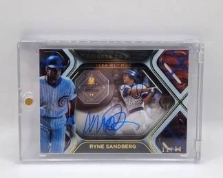 RYNE SANDBERG AUTOGRAPHED CARD #12/50 TRIBITE TO MVP CARD WITH ONE OF A KIND DOUBLE ERROR SIGNATURE.
