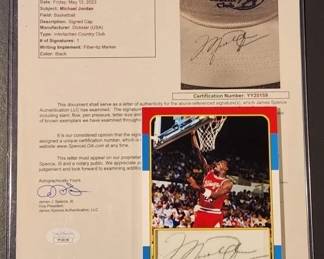 ONE OF ONE. 4X6. JSA CERTIFIED **The autograph on the hat in the JSA certification has been cut to size and placed into a Custom Made 4x6 Jordan Tribute Card.** Autograph is 100% Authentic per J.S.A.. True one of a kind Jordan Item.