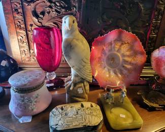 French marble bird of pray, Austrian Dogs and American glass 