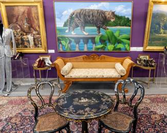 Dutch Colonial Style Sofa, Tom Palmore Painting, Inlaid Table & Chairs, John C. Traynor Painting 