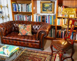 Leather Chesterfield Sofa, Michael Melia Handmade (1-of-a-kind) Lamp (BOOKS NOT FOR SALE)