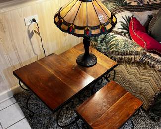 Wood and Wrought Iron Nesting Tables 
Vintage Tiffany Style Lamp 