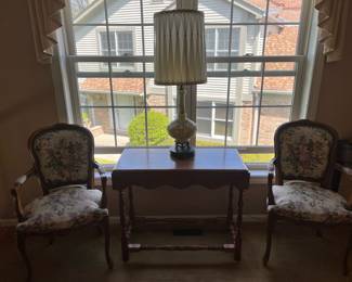Vintage Accent Chairs 
Vintage Wood Table 
Vintage French Provincial Lamp