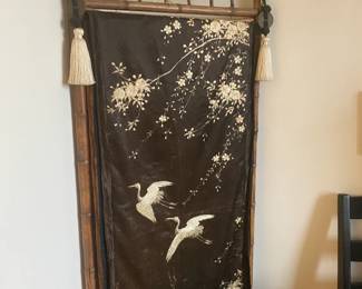 Chinese Bamboo screen with silk embroidered panel of snow cranes